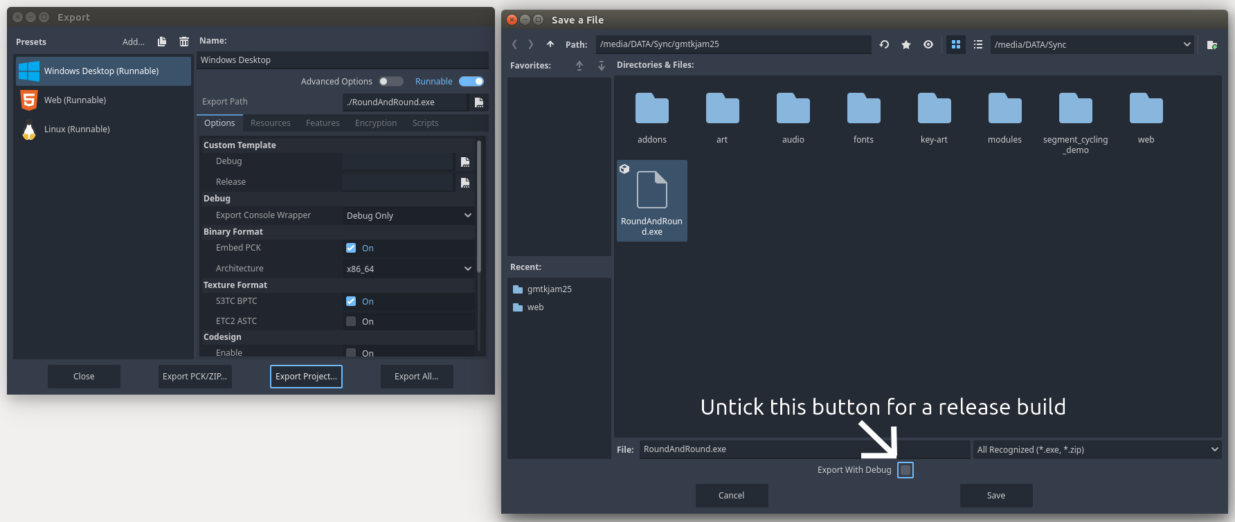 Screenshot of Godot showing the export window and the checkbox to untick for a Release build. Screenshot of Godot showing the export window and the checkbox to untick for a Release build.