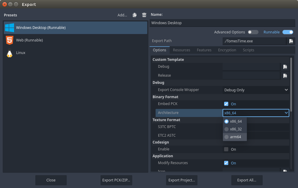 Screenshot of Godot showing the export window and the Architecture dropdown.